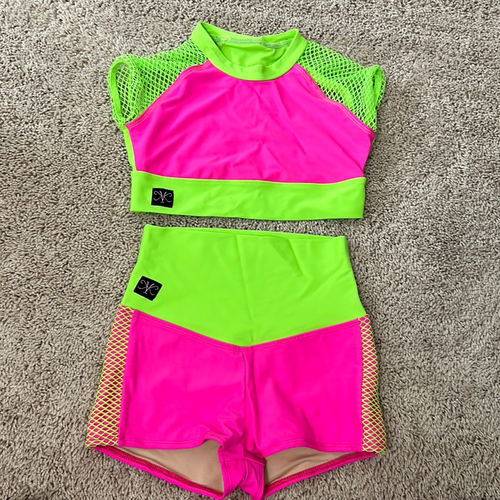 Kandi Kouture Girls Dancewear Size CXL (10-12) Neon Pink and Green Set NWOT
